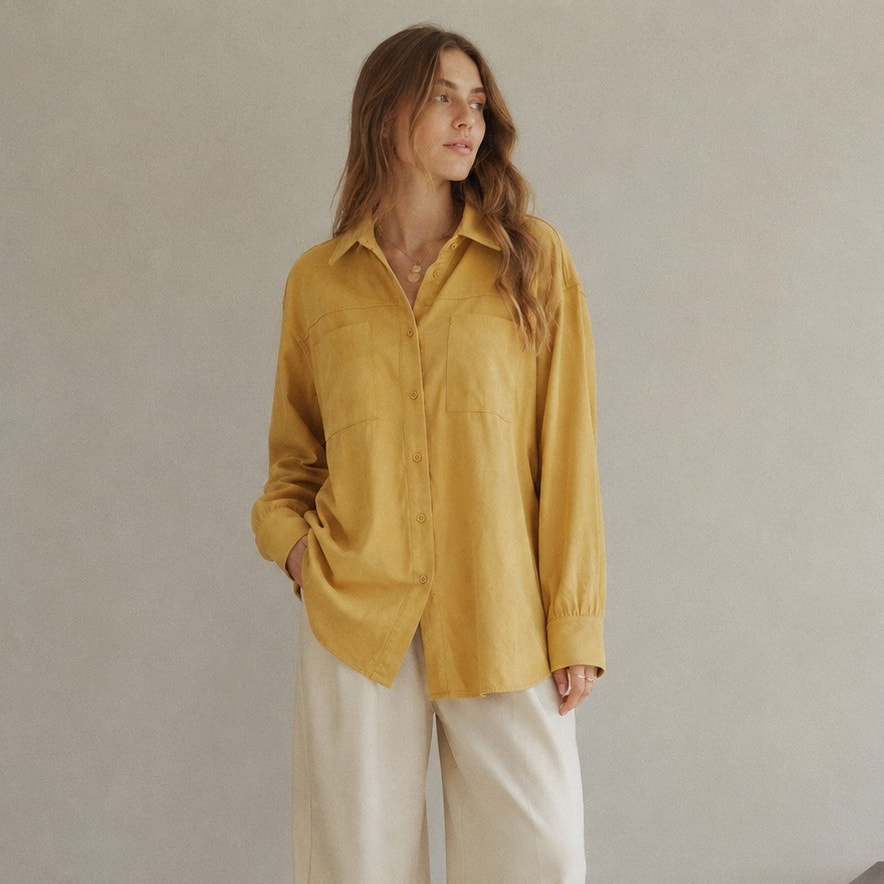 Bagatelle Collection Faux Suede Button Yellow Shirt Shacket Jacket, Size M